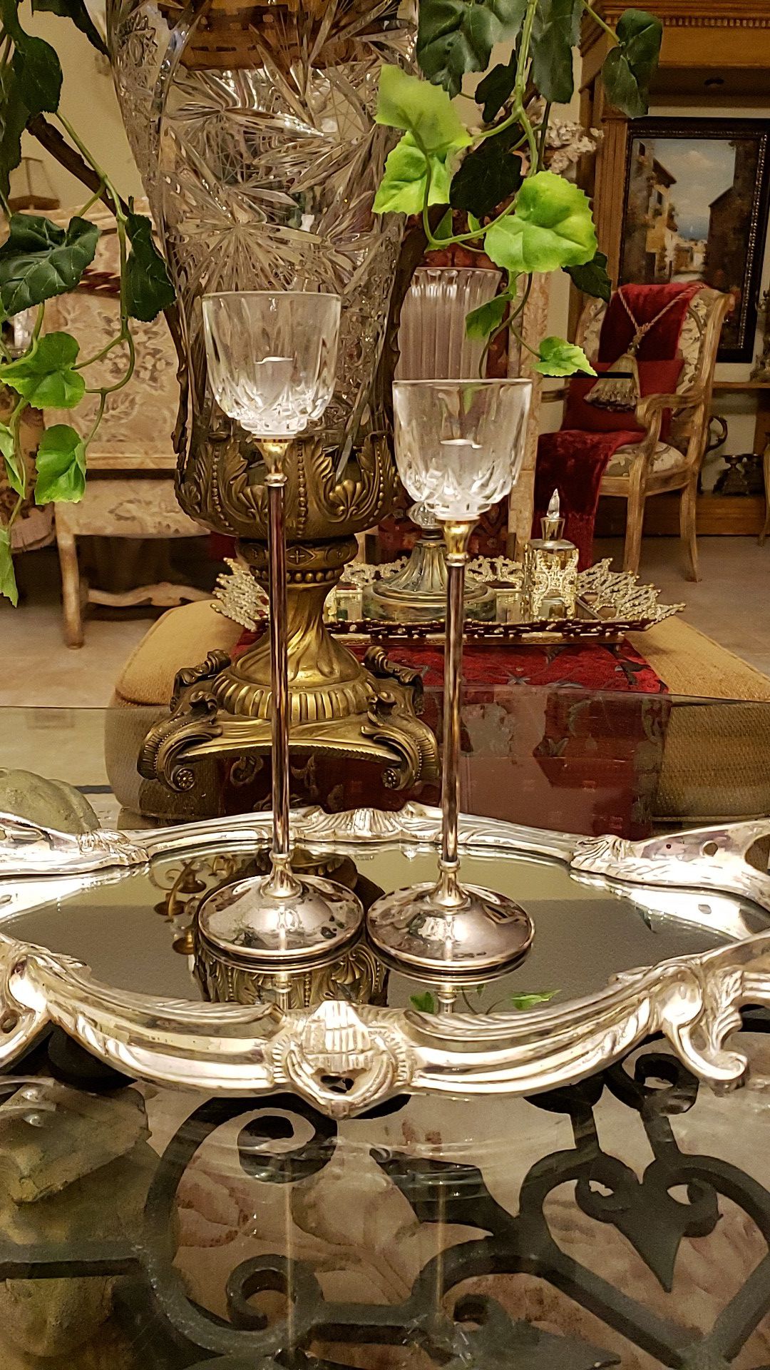 Beautiful vintage Italian crystal silverplate candle holders and mirrored tray