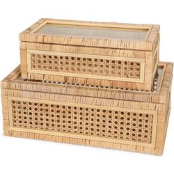 Large Handwoven Boho Rattan Display Boxes with Glass Lids - Set of 2 