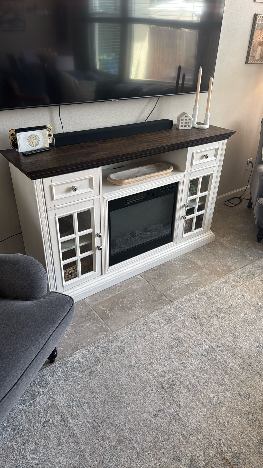 White Farm Style Space Heater Tv Stand