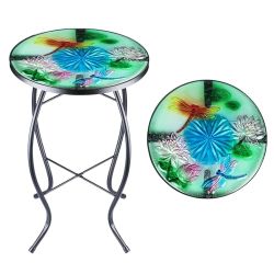 Dragonfly and Lotus Glass Round End Table