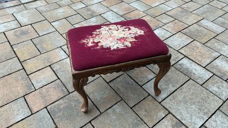 Vintage Victorian Footstool with Needlepoint Cushion and Carved Wood Frame