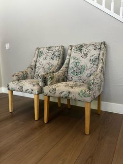 TWO Oversized Cost Plus World Market Greige & Green Accent Armchair With Natural Wood Legs