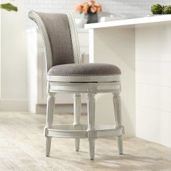 Four Oliver 24 1/2" Pewter Scroll Back Swivel Counter Stool