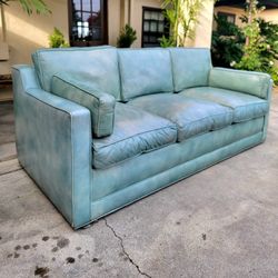 Mid Century Teal Leather 3 Seater Sofa