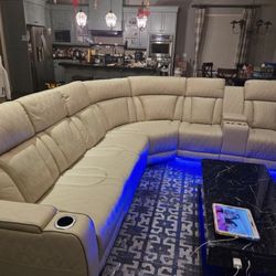 Power Electric Beige Leather Fully Reclining Sectional Couch 