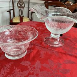 Southern Living At Home TINY BUBBLES FRUIT BOWL , SCALLOPED EDGE FOOTED FRUIT BOWL , MILK GLASS EGG TRAY/DIVIDED RELISH TRAY, WHITE TABLE CLOTH