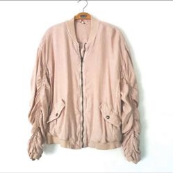 Free People Ruched Linen Light Pink Cream Oversized Bomber Jacket Size M