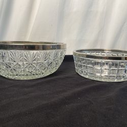 Vintage Set of 2 West Germany Heavy Brilliant Pressed Glass Crystal Serving Bowls W/ Silver Plated Rim