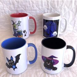 Halloween Coffee Cocoa Mugs, NEW Witch & Cauldron Bat Ghosts Cat Set of 4 3dRose