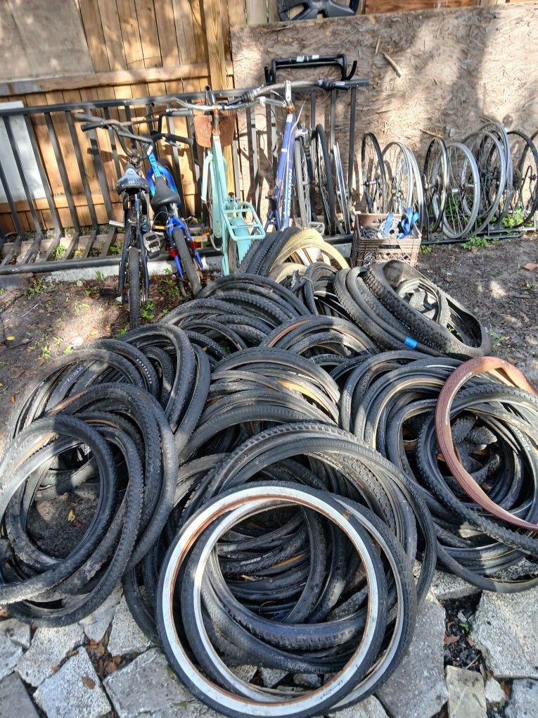Lot Of Bike Tires, Bike Frames, Sprockets, Misc Equipment