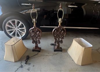 Pair of Ornate Bronze Table Lamps with Shades