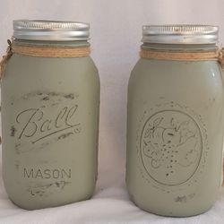 2 BIG OLIVE GREEN MASON JARS