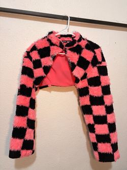 SHEIN Checkered Faux Fur Cropped Jacket