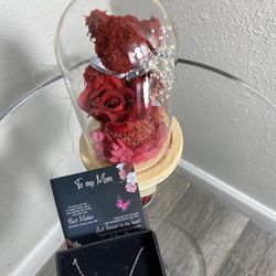 Mother’s Day Handmade Artificial Eternal Flowers - Infinite Preserved Flowers In The Glow Glass Dome And Necklace 
