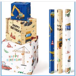 WERNNSAI Construction Wrapping Paper Rolls - 3 Short Rolls Birthday Wrapping Paper Rolls Kids Boys Wrapping Paper Rolls Trucks Wrapping Paper Blue Yel
