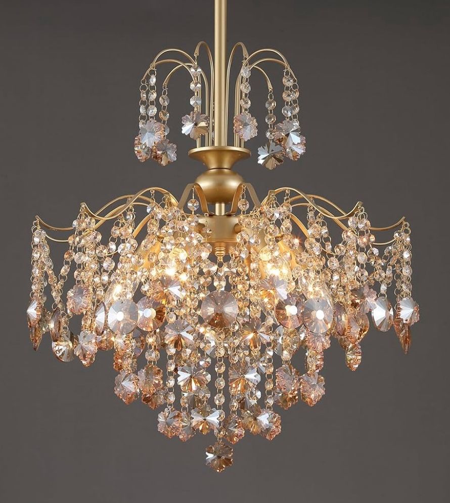 [BRAND NEW] Q&S Modern Gold Crystal Chandelier Amber Crystal Pendant Light 6 Lights for Bedroom Dining Room Entryway Hallway Office Bathroom UL Listed