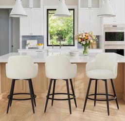 Set Of 3 LUE BONA Swivel Bar Stools Set of 3, 26" Counter Height Bar Stools with Ergonomic Semi-Enclosed Back, Fabric Upholstered Barstools with Sprin