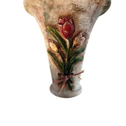 Stoneware Vase With Raised Tulip Flowers Faux Painted Patina - Farmhouse