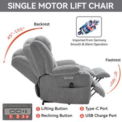 Up to 350 LBS Chenille Power Lift Recliner Chair, Heavy Duty Motion Mechanism with 8-Point Vibration Massage and Lumbar Heating, USB and Type-C Ports,