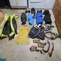 Scuba Gear Lot - Wetsuit, BCDs, Regulators, Fins, Tank