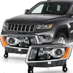 For 2014-2016 JEEP Grand Cherokee Halogen Type Projector Chrome Headlights Pair