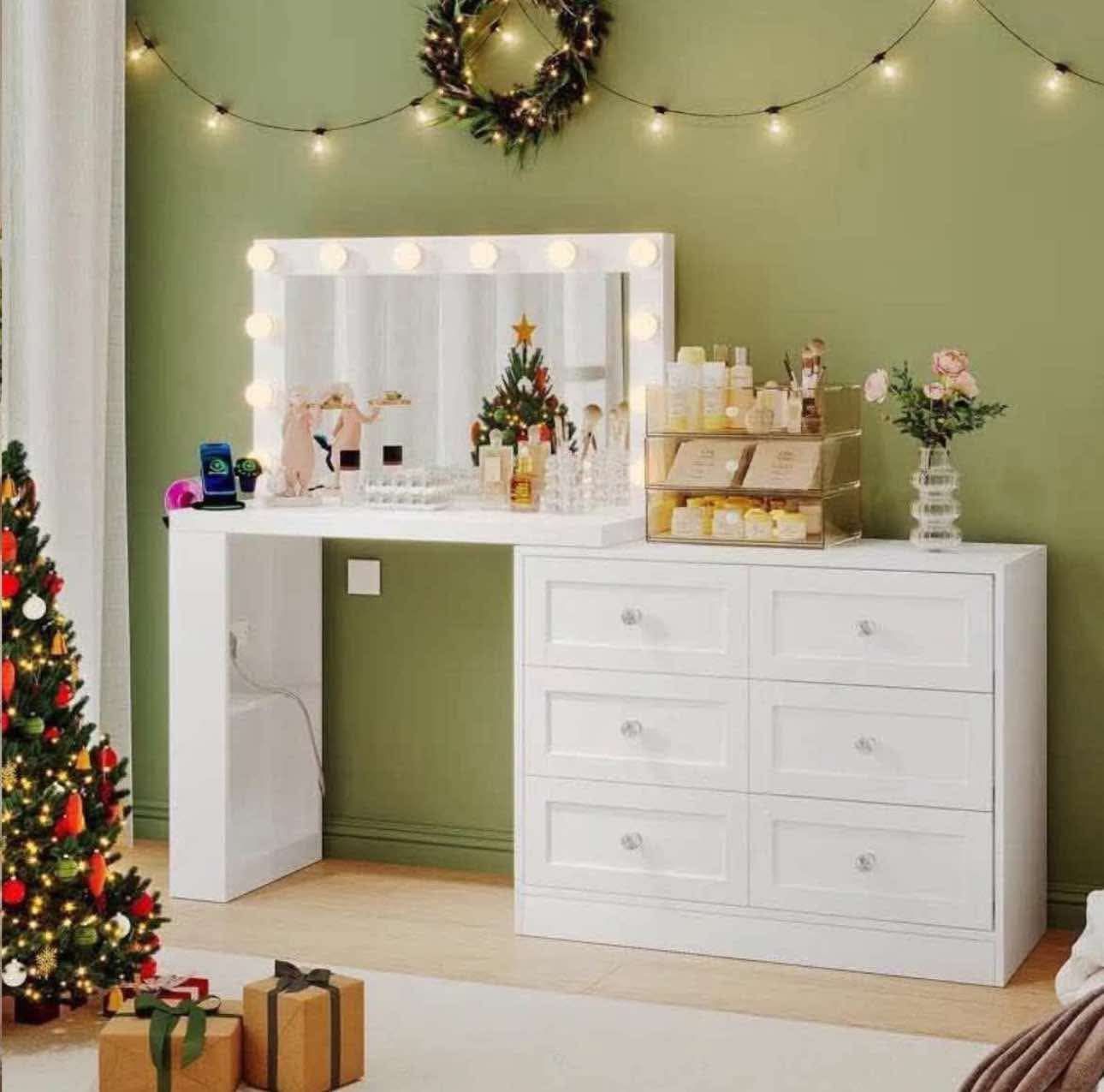 White Makeup Vanity with Mirror and 3-Color Lights, 6 Drawers Vanity Table with Charging Station, Width Adjustable