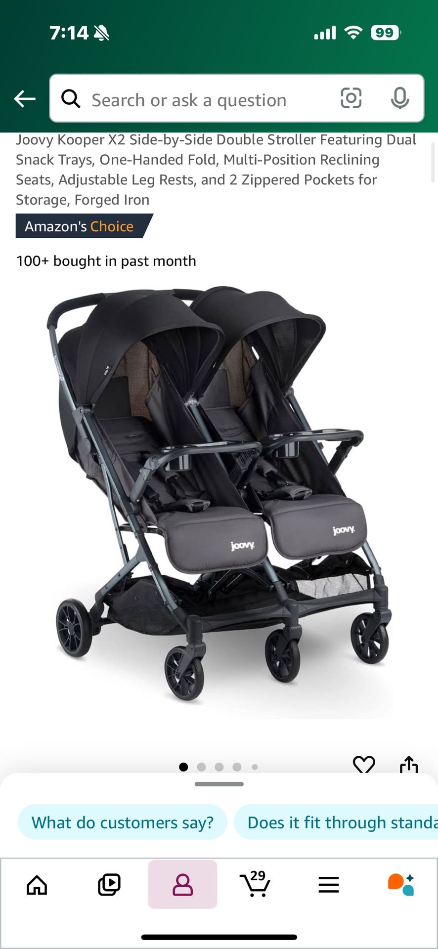 Joovy Kooper X2 Side-by-Side Double Stroller Featuring Dual Snack Trays, One-Handed Fold, Multi-Position Reclining Seats, Adjustable Leg Rests, and 2 