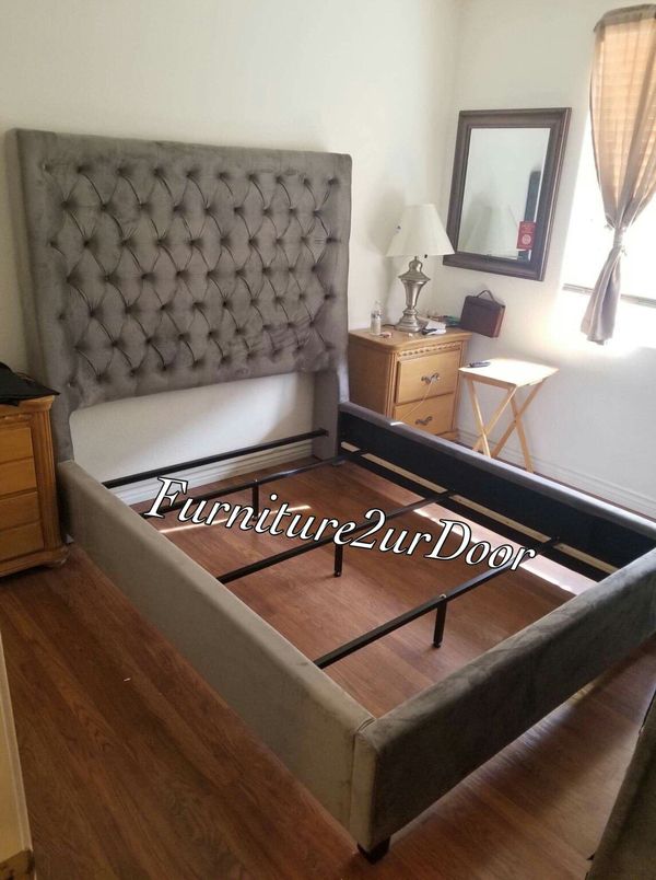 New Grey Velvet Queen Size Tall Headboard Bed Frame For In New Grey Velvet Queen Size Tall Headboard Bed Frame
