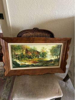 Early American frame spring painting  just over 28 by 17 inches
