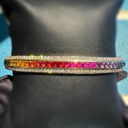 UGL certified 18k yellow gold Rainbow Natural 3CTW Multicolor Princess cut Sapphire 1CTW Diamond Stone bangle bracelet