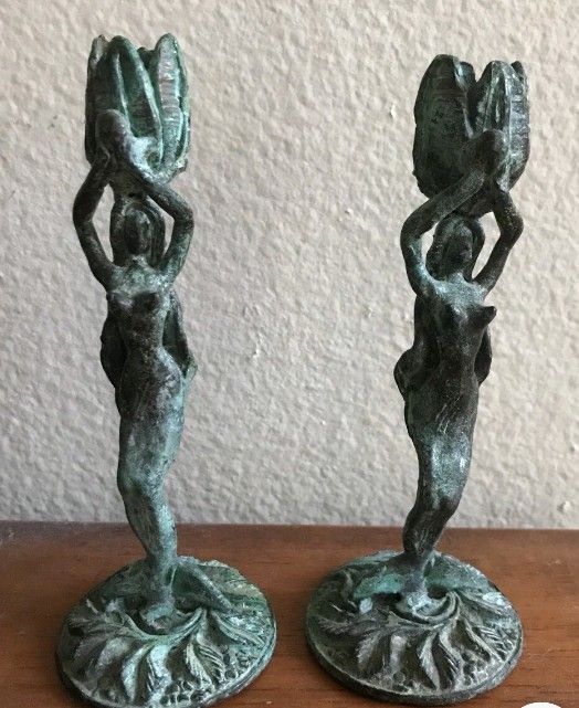 MERMAIDS SET OF 2 SMALL CANDLESTICKS XVII OR XVIII TH GREAT PATINA ART POPULAR