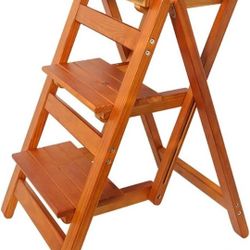 3 Step Ladder Folding Step Stool, 3-in-1 Wood Foot Stool Display Storage Shelf Flower Rack