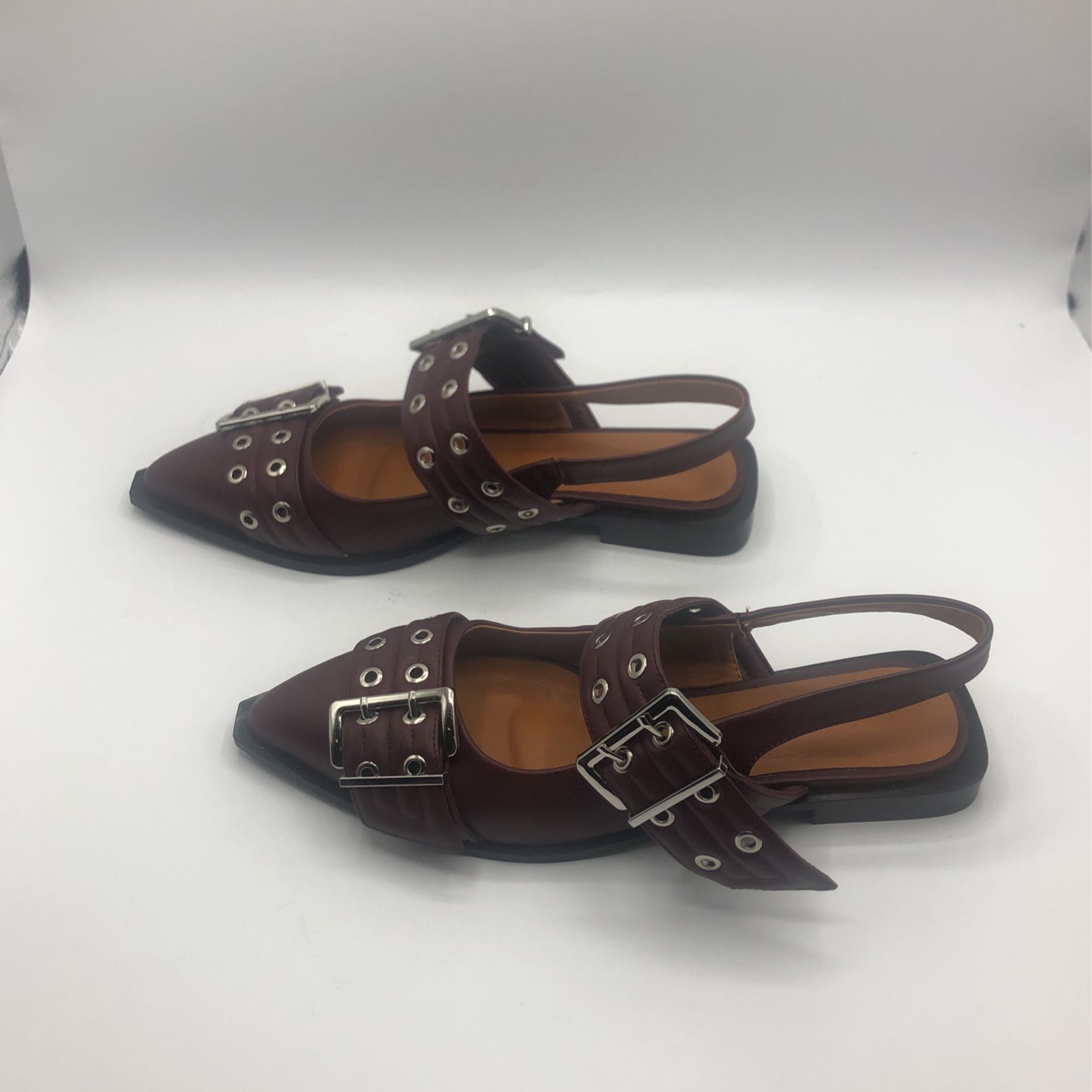 Women’s Brown Flat Toe Slingback 2 Silver Buckles Shoes Size 42