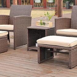 5pc Patio Furniture Set Brown Wicker with Beige Cushions
