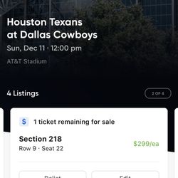 (1) Single Seat For Houston Texans @ Dallas Cowboys Tickets 
