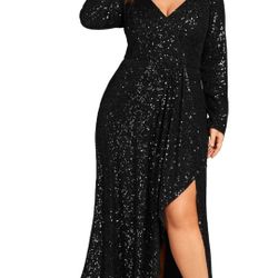 Ever-Pretty Women's V-neck Sequin A-Line Pleated Long Sleeves Midi Plus Size Dress Ball Gowns 