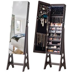 Mirror Jewelry Cabinet , Large Storage Jewelry Armoire, Full-Length Frameless Mirror Jewelry Storage, 12 LED Lockable Jewelry Organizer Brown