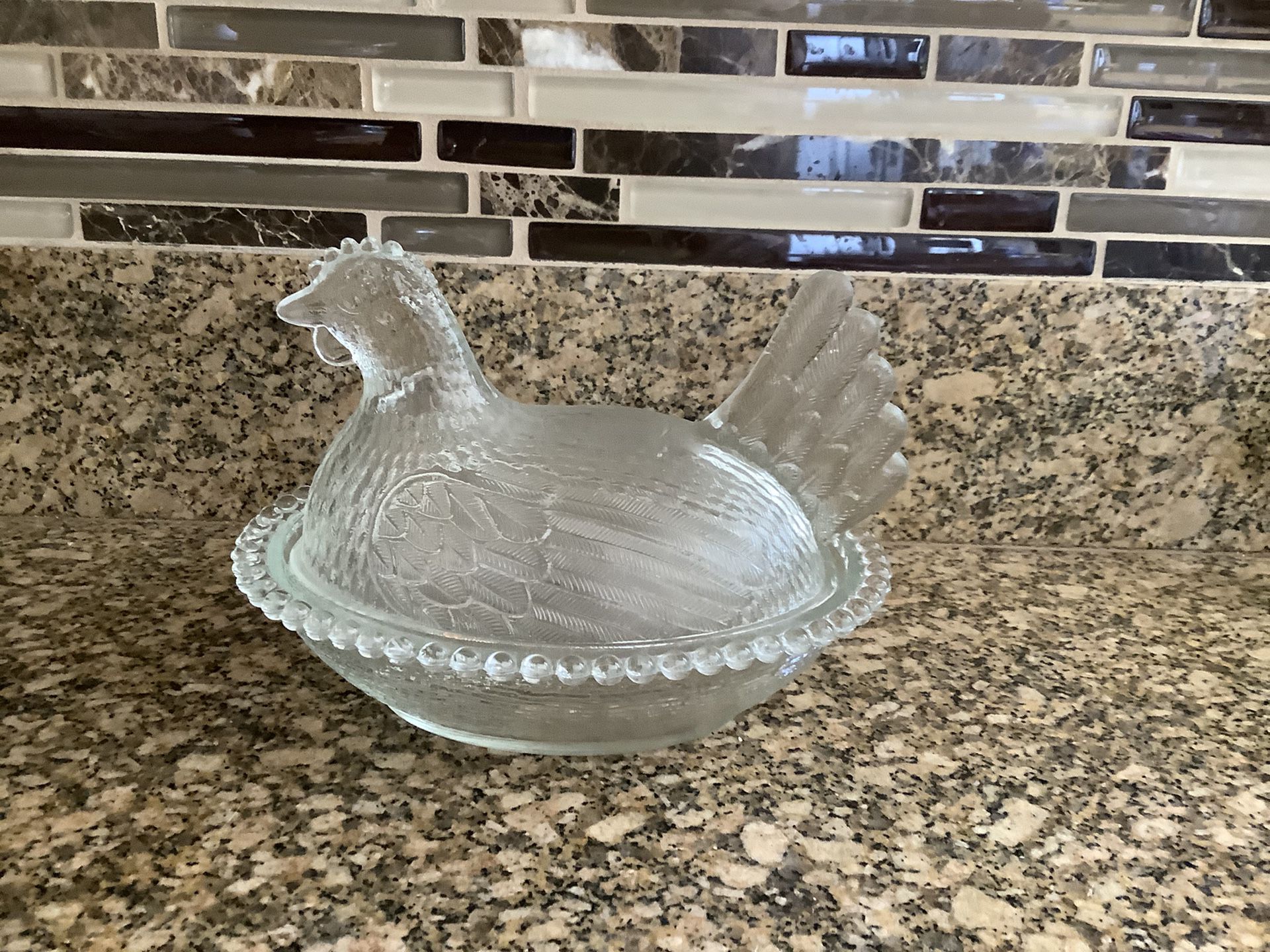 Antique chicken glass dish with cover.