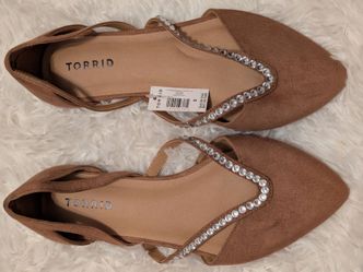 Torrid Women’s Brown Faux Suede Strappy Pointed Toe Rhinestone Flats 8W