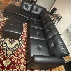 Row Faux Leather Sectional Sofa Couch with Storage Ottoman, Cup Holder in Black