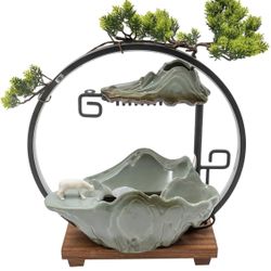 Tabletop Water Fountains, Feng Shui Decor for Good Luck, Wealth, Indoor Wateall with Mist and LED Light and Fake Plants for Meditation