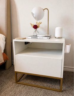 White & Gold Nightstand with USB Ports + Outlet