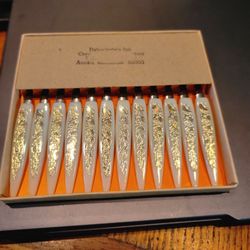 Vintage 12 Piece Stainless Steel "Little Forks" - Gold And White Hors D'Oeuvre Forks