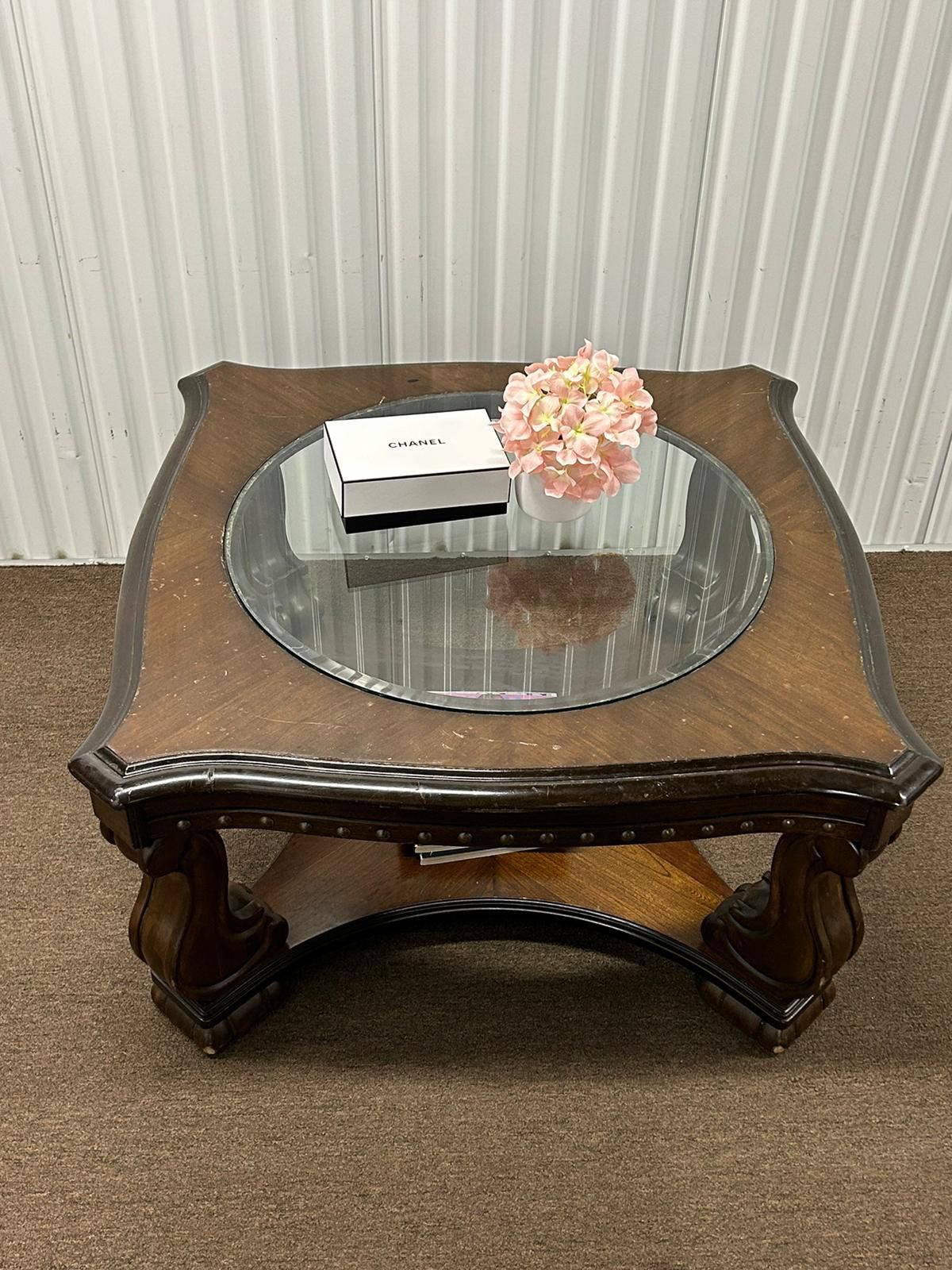 ‼️ Wood Antique Benjara Glass Coffee Table ‼️Vintage Rustic Wood Coffe Table‼️