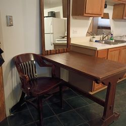 Vintage Solid Wood Trestle Table & Ornate Carved Mirror Set W/ Single Wooden Chair