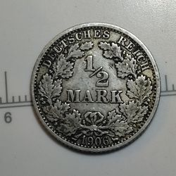 Silver 1906 F German Empire 1/2 mark