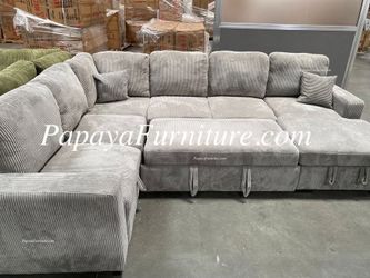 NEW LARGE U SHAPE Sectional Sofa with Storage Chaise and Pullout Sleeper Bed Pull out sofabed Gray Grey Fabric Style BIG COUCH SALE Season Discount