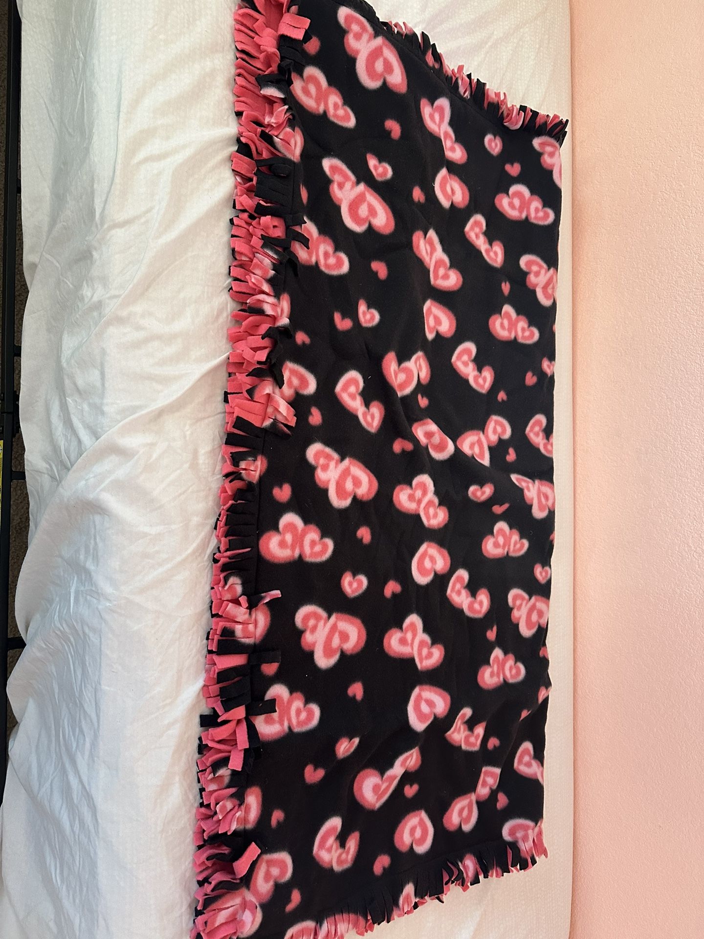 Super soft, new blanket throw, approximately 56" x 52" - pink hearts on black