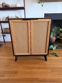 EFURDEN Black Rattan Cane Storage Cabinet