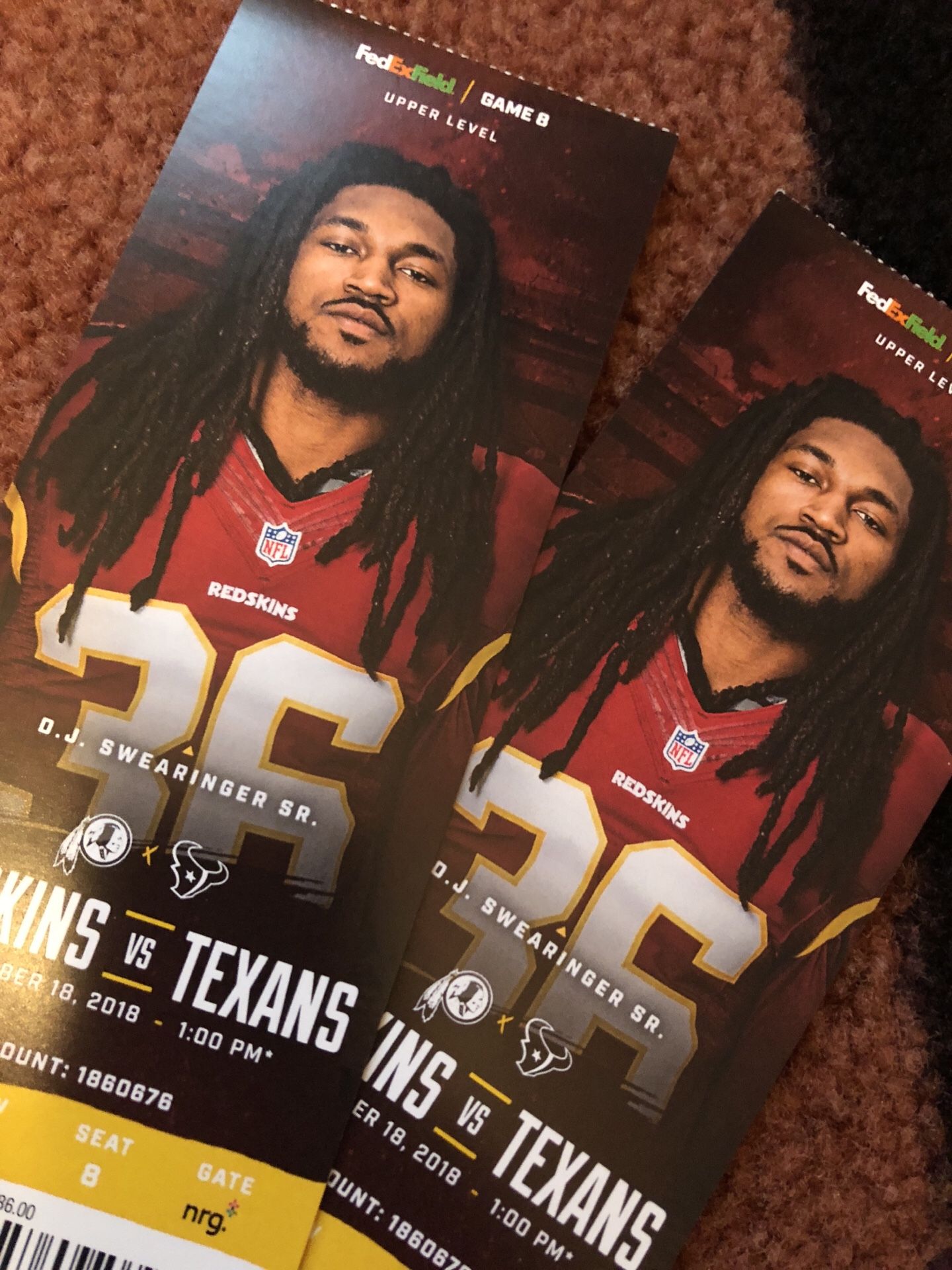 Redskins Texans 2 tickets upper level